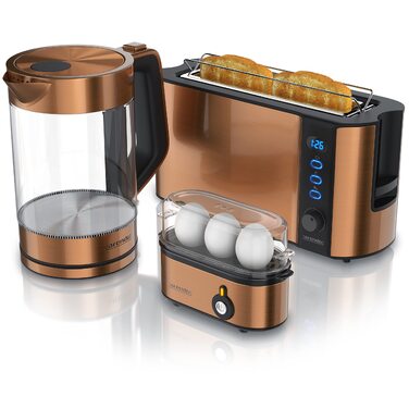 Електричний чайник та тостер SET з нержавіючої сталі та міді. Чайник 1.7л, 2200W з функцією підігріву. Тостер на 2 тости, 1000W з підставою для булочок та 6 рівнями підсмажування.