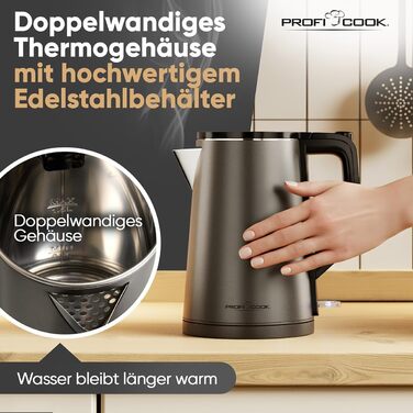 Електричний чайник ProfiCook PC WK 1290: 1,5 л, 2200W, подвійні стінки, нержавіюча сталь, збірна база з обмоткою кабелю