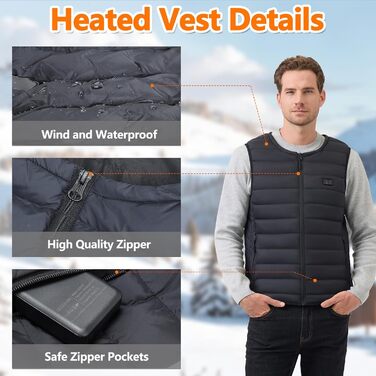 Обогрівальний жилет для чоловіків та жінок з акумулятором 10000mAh - жилет з 5 зонами обігріву, 3 режими температури, подвійне керування для зимових активів на відкритому повітрі, XXL, чорний