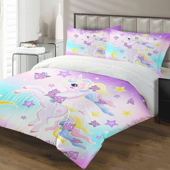 LLTTEER Unicorn Bedding Set for Kids Girls, 3D Printed Unicorn Cartoon Bedspread, Soft Microfiber Bedspread with 2 Pillowcases 50x75cm for Girls (Unicorn 04, 200 x 200 cm)