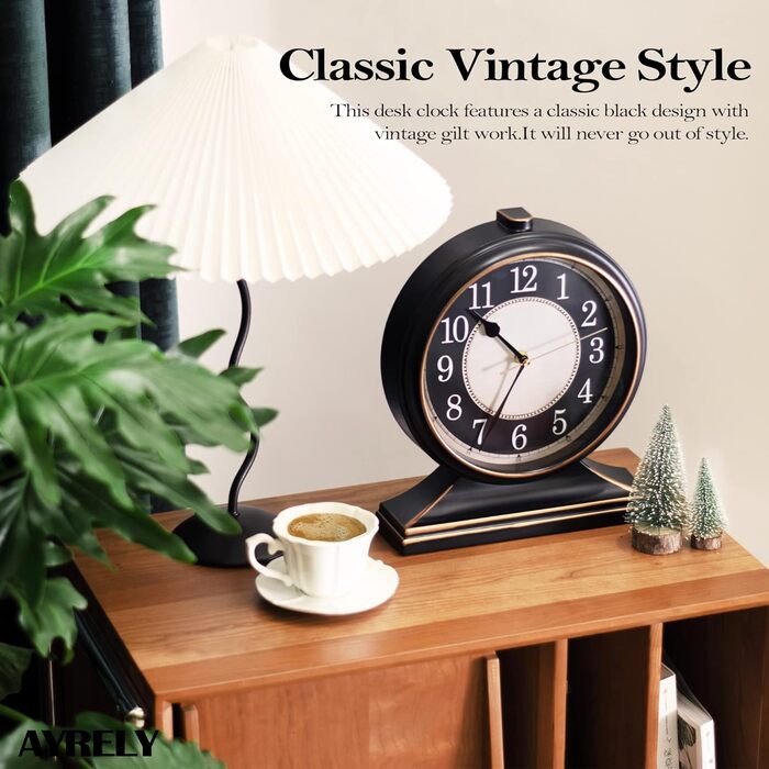 AYRELY Vintage Desk Clock, Silent, Non-Ticking, 10-Inch Dial, Table Clock, Retro Mantel Clock and Easy to Read for Living Room