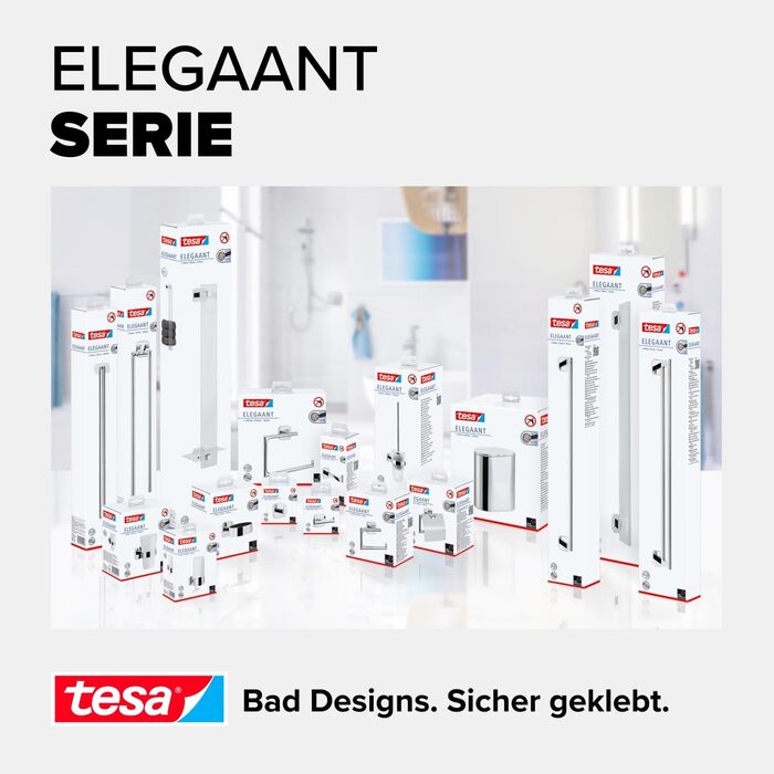 tesa ELEGAANT Towel Rail for Guest WC, including adhesive solution, elegant design, metal, chrome-plated, guaranteed rust-free, 180mm x 668mm x 128mm