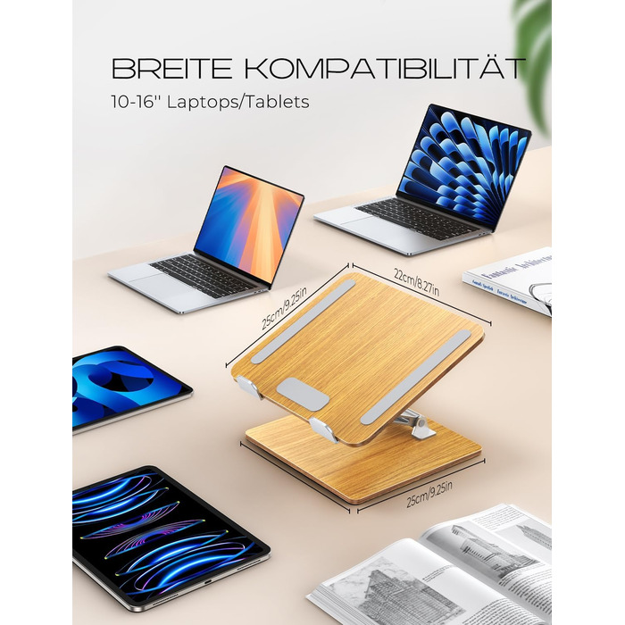 Підставка для ноутбука Holz + Aluminium, регульована, ергономічна, сумісна з MacBook Pro/Air, 10-16