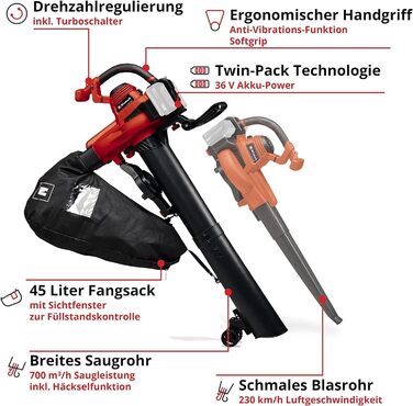 Einhell Cordless Leaf Blower GE-CL 36/230 Li E-Solo Power X-Change (Lithium-Ion, 18 Volt, Suction/Blowing Function, Turbo Switch, incl. Suction Tube + Blowing Tube, without Battery and Charger)