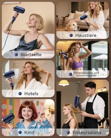 Іонізатор для волосся Föhn, 1800W, з насадкою-дифузором, 3 режими температури, безліч налаштувань швидкості, портативний фен, Marineblau (морський блакитний)