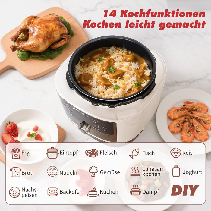 Мультиварка Aigostar Panda 5.5л, 7-в-1, 14 програм, LED-дисплей, 1000W, антипригарне покриття