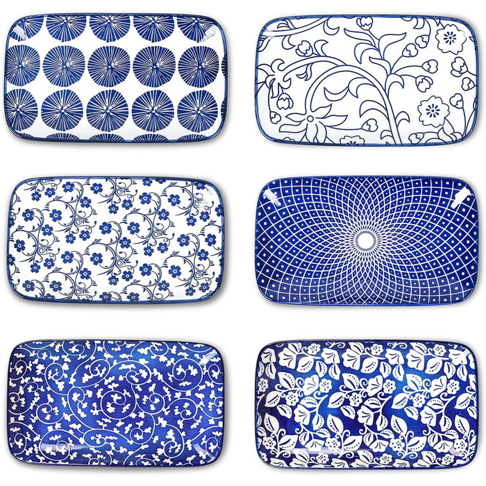 Набір тарілок Selamica, 6 шт., прямокутні, для закусок, десертів, суші, фруктів, 18 × 10.5 × 2 см (Вінтажно-блакитний)