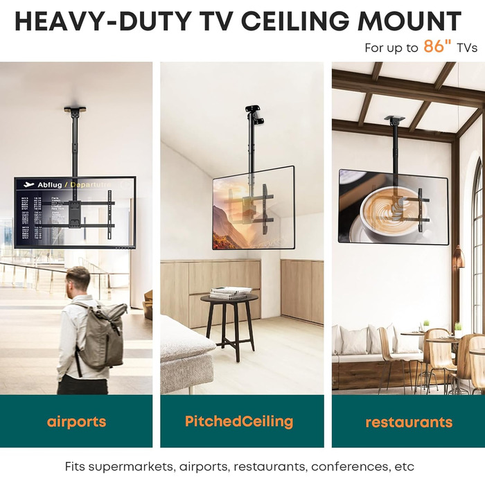 Adjustable & Tilting TV Ceiling Mount - Full Motion, VESA 600x400, Up to 86 Inch TVs, 60kg Weight Capacity