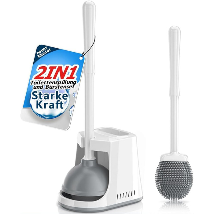 Набір для чищення унітазу з силіконової щітки та поршня, білий, з тримачем, для унітазу