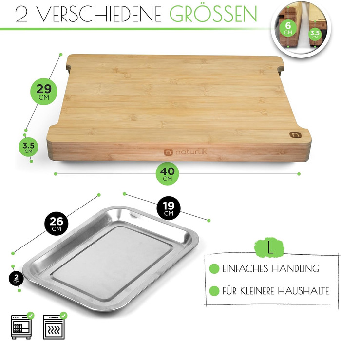 Bamboo XL Cutting Board with Magnetic Collection Bowls, Natural Bamboo Wood Chopping Board for Kitchen (40x29 cm), Premium Quality