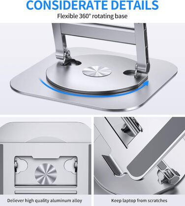 AOEVI Adjustable Laptop Stand with 360° Swivel Base - Ergonomic Foldable Laptop Riser for Desk - Compatible with MacBook Pro/Air & Notebooks up to 16 inches (Pro Silver)