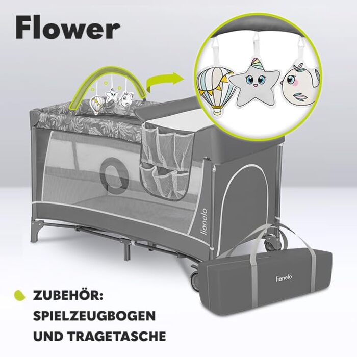Дитяче ліжечко-манеж Lionelo Flower 4в1 з боковим входом, пеленатором, двома рівнями висоти, ігровою дугою, колесами та сумкою, світло-сірий
