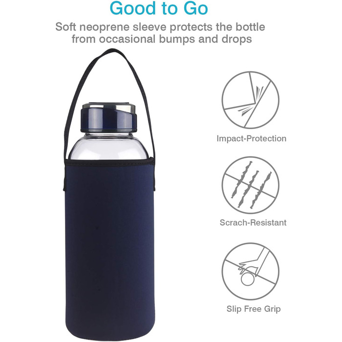 1.5 Liter / 1.5L Glass Drinking Bottle with Neoprene Sleeve 1500ml Borosilicate Glass Water Bottle with Stainless Steel Lid BPA Free Glass Bottle