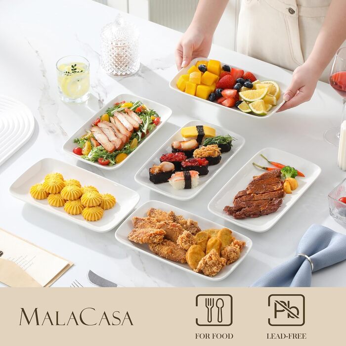 Сервірна таця MALACASA з порцеляни, 6-ти частинний набір, прямокутна, 25 x 14 см, біла. Ідеально для буфетів, суші, тортів та закусок вдома та в ресторані.