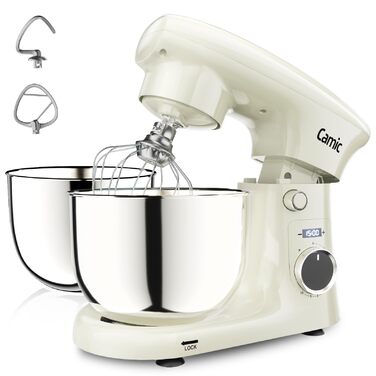 Кухонна машина Camic з 3 насадками (гак, міксер, вінчик), планетарний міксер з LED-дисплеєм, 10 швидкостей, 2 чашами з нержавіючої сталі 4Л та 5Л, для тіста, хліба, піци та тортів (Білий)