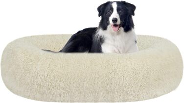 Ортопедичне ліжко для собак круглої форми, м'яке собаче ліжко, диван для котів та собак, ліжко-донат, зручний собачий кошик, можна прати, діаметр 70 см, (Д 90 x Ш 90 x В 20 см, Бежевий)