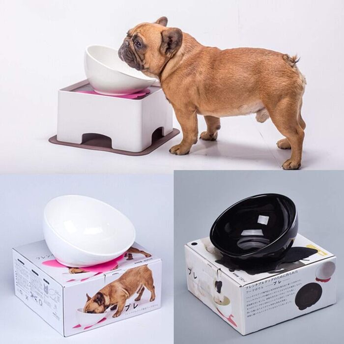 Миска для собак та котів JYHY Bulldog з кераміки, нахилена, з гумовою основою, 1.5 Cup (Чорна/Біла)