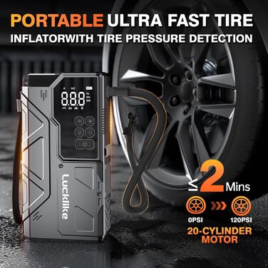 Powerbank з компресором Lucklike для авто, 4000A, LED-ліхтарик, бустер для 10.0л бензинових та 8.0л дизельних двигунів, підходить для SUV, мотоциклів та газонокосарок