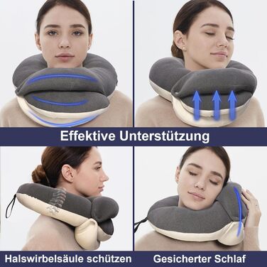 Подушка для шиї BUYUE для подорожей, 360° підтримка голови, сон у дорозі, комплект з маскою для очей, навушниками та чохлом (для дорослих, сіра, до 45 кг)