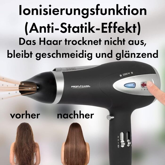 Фен ProfiCare® HTD 3113 чорний з іонізацією 2200W | Легкий туристичний фен з 3 режимами та 2 рівнями швидкості | Cool-Shot, насадка-дифузор та насадка для укладання