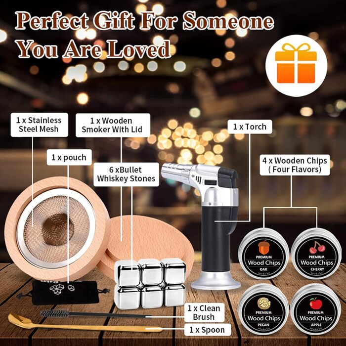 Набір для копчення коктейлів та віскі MKNZOME: 4 коптящі насадки, тирса, аксесуар для віскі та коктейлів, подарунок для чоловіків