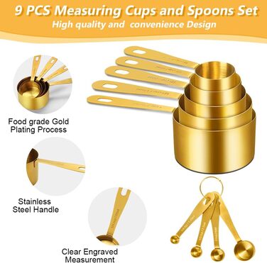 Набір мірних стаканів та ложок Cuteefun Gold, 13 предметів, нержавіюча сталь: мірний стакан 5 чашок, 8 магнітних ложок з рівнем для вимірювання сухих та рідких інгредієнтів для випічки та приготування їжі