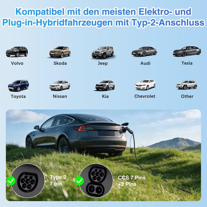 Зарядний кабель Type 2 Schuko 3.68kW 6-16A для електромобіля та PHEV, 7м, з LCD дисплеєм, IP65