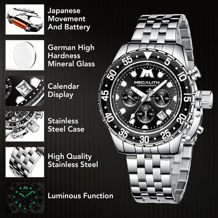 Чоловічий годинник MEGALITH з нержавіючої сталі, хронограф, водонепроникний, великий аналоговий годинник для бізнесу, календар, світлодіодне підсвічування, A-срібло, чорний