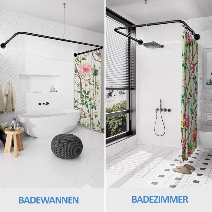 Регульована душова штанга U-подібної/L-подібної форми, 60-92 x 78-196 x 60-92 см, з 12 кільцями для шторки та підпоркою для стелі, чорна. Підходить для ванни/ванної кімнати. Потрібне свердловий монтаж.