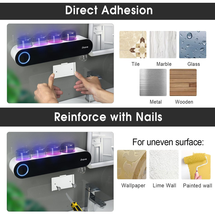 Тримач для зубних щіток iHave на стіну з УФ-дезінфекцією, для електричної зубної щітки, розумний аксесуар для ванної кімнати, 3 стаканчика, дозатор пасти (Uv-schwarz, 4 стаканчики)