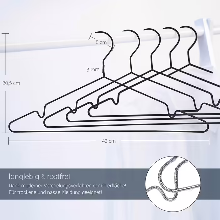 ROW&LINE® – Metal Clothes Hangers (42 cm) – 20 Pieces (Matte Black) – Space-Saving Clothes Hangers for Adults – Load-Bearing for Heavy Clothing – Hangers for Order & a Uniform Look
