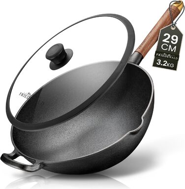 Wok Friedewald з чавуну з кришкою, 33 см, 5 л, антипригарне покриття, для індукції та всіх плит, для 4-6 осіб, глибока сковорода для смаження й тушкування