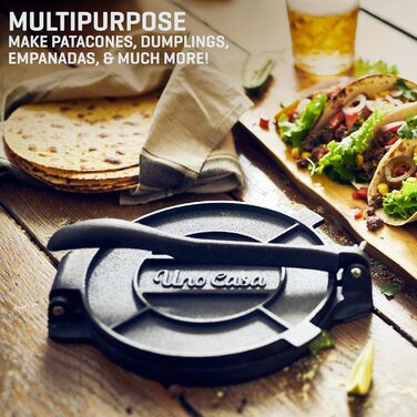 Cast Iron Tortilla Press - Taco & Roti Maker with 100 Sheets of Baking Paper - 8 Inch Kitchen Gadget for Tortillas, Roti, Tawa, Dosa & Dumplings