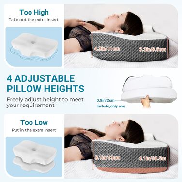 Ортопедична подушка Elviros для шиї з memory foam, ергономічна, для сну на боці, біла, 54x34x8.9/10.9 см