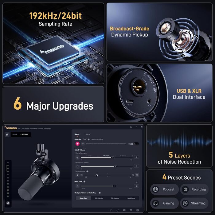 MAONO PD300X: USB-мікрофон для подкастів та запису звуку, XLR, динамічний, шумозаглушення, 192kHz-24Bit