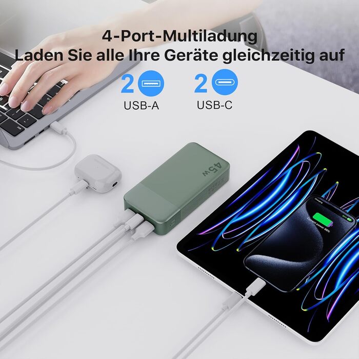 Power Bank NOBIS 20000mAh 45W Зелений: Акумулятор з USB-C та USB-A, Швидка зарядка, Цифровий дисплей