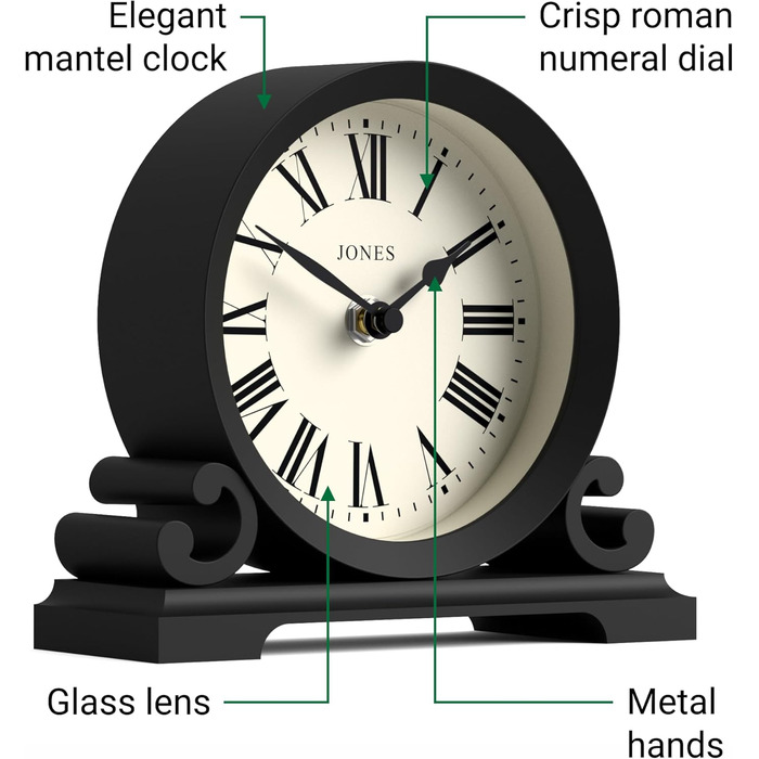 JONES CLOCKS® Saloon Table Clock | Traditional Double-Scroll Design | Black | Roman Numerals | Classic Style for Desk, Table, Shelf, or Nightstand.