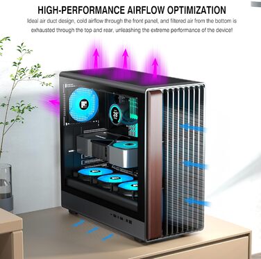 Корпус для ПК FOIFKIN з дерев'яною передньою панеллю з горіха, 4 PWM ARGB вентилятори, ATX Mid-Tower, USB Type-C, M.2, чорний