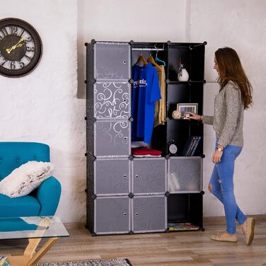 Relaxdays Modular Clothes Rack with 12 Compartments, Large Plastic Wardrobe, 145.5 x 145.5 cm, White (Black)