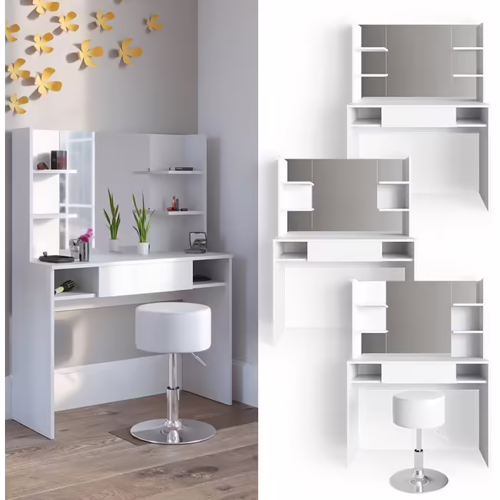 Vicco Vanity Table Daenerys, Dressing Table White, 100 cm White (White, with mirror & stool)