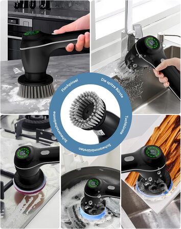 CkeyiN Electric Cleaning Brush, Cordless Grout Cleaner with 7 Replaceable Brush Heads for Bathroom, Car, and Kitchen, Handheld Power Spin Scrubber Grout Brush With LED Display, 2 Modes, Black