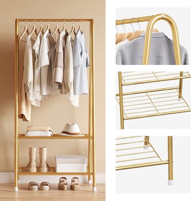 Robust metal clothes rack with double shelves for hanging clothes, freestanding and portable, 62 L x 35 W x 157.5 H cm, space-saving, gold