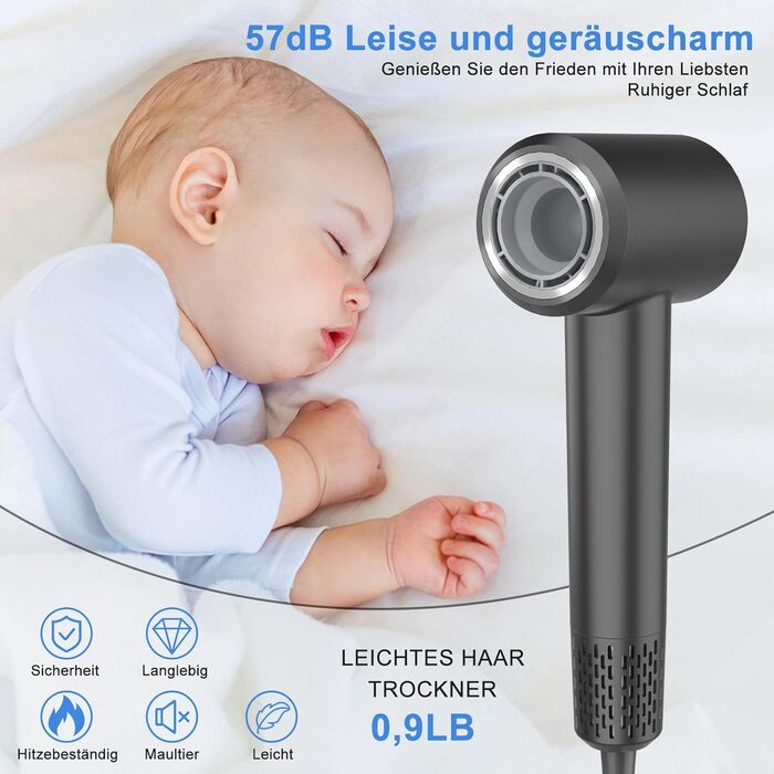 Супершвидкий фен Supersonic з іонізацією 200 млн негативних іонів, 110 000 обертів/хв безщітковий двигун, низький рівень шуму 57dB, інтелектуальна стабільна температура для подорожей та дому, чорний