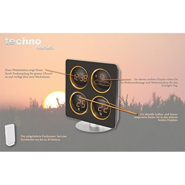 Technoline WS 6830 Weather Station with weather dendrometer, temperature display, 2 alarm functions, and snooze function, LED display, including outdoor transmitter TX 96-TW004, warm orange, black housing