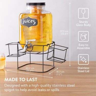 Navaris 5 Liter Glass Drink Dispenser with Drink Holder - Stainless Steel Spigot and Stand - Glass Water Dispenser for Cold Drinks - Black