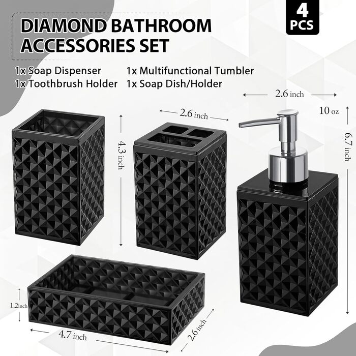 Чорний набір аксесуарів для ванної кімнати, 4 шт. - сучасний декор для ванної кімнати, акриловий дозатор для мила та тримач для зубних щіток