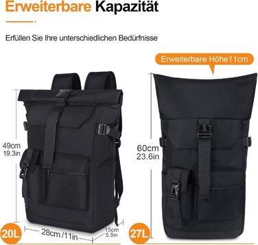 Roll-Top Backpack Waterproof, 27L Large Backpack Men Women, School Backpack with 17.3 Inch Laptop Compartment, Travel Backpack Hiking Backpack for Business Work College Travel Leisure (Black)