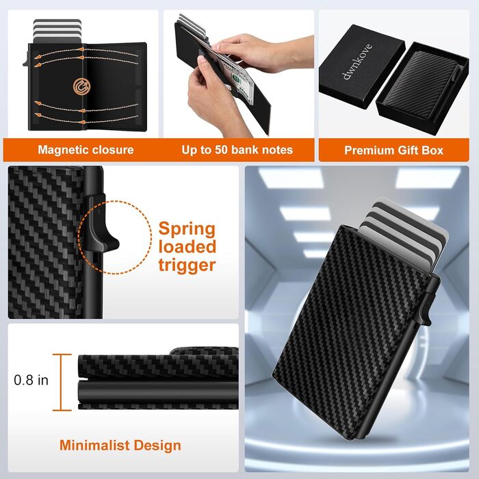 Чоловіче картхолдер/портмоне: Slim модель з відділом для монет, RFID захистом та віконцем для ID, Pop-Up, шкіряне, карбоновий дизайн (чорний)
