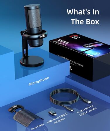 Мікрофон для ПК NJSJ Gaming RGB, для стрімінгу та запису, USB, сумісний з PS4/PS5/Mac, з регулятором гучності, чорний