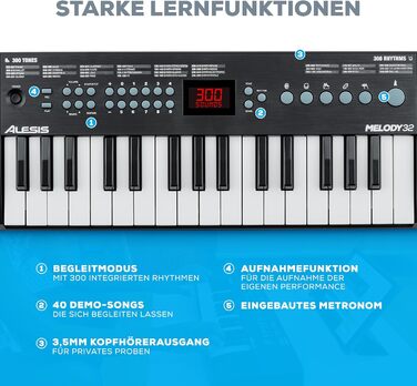 Alesis Melody 54 - Портативна клавіатура з 54 клавішами, вбудованими динаміками, 300 звуками, 300 ритмами, 40 демо-піснями, навчальними інструментами, мікрофоном та підставкою для нот (32 клавіші)